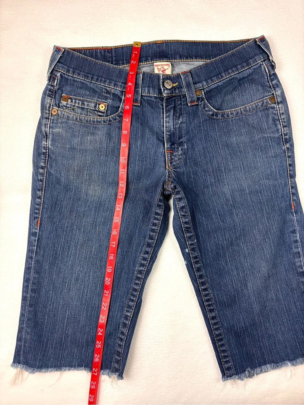Vintage True Religion Bobby World‎ Tour Blue Denim Cut Off Shorts Sz 34
